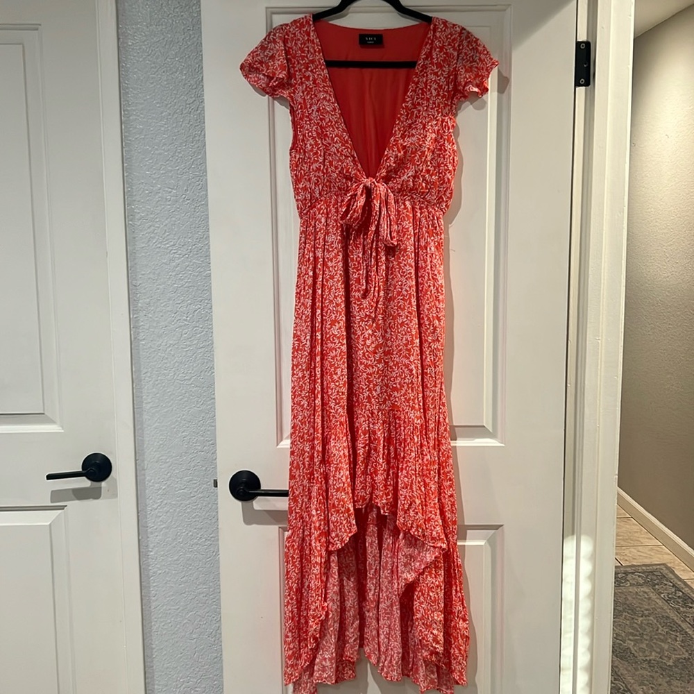 Tie front orange floral high low dress